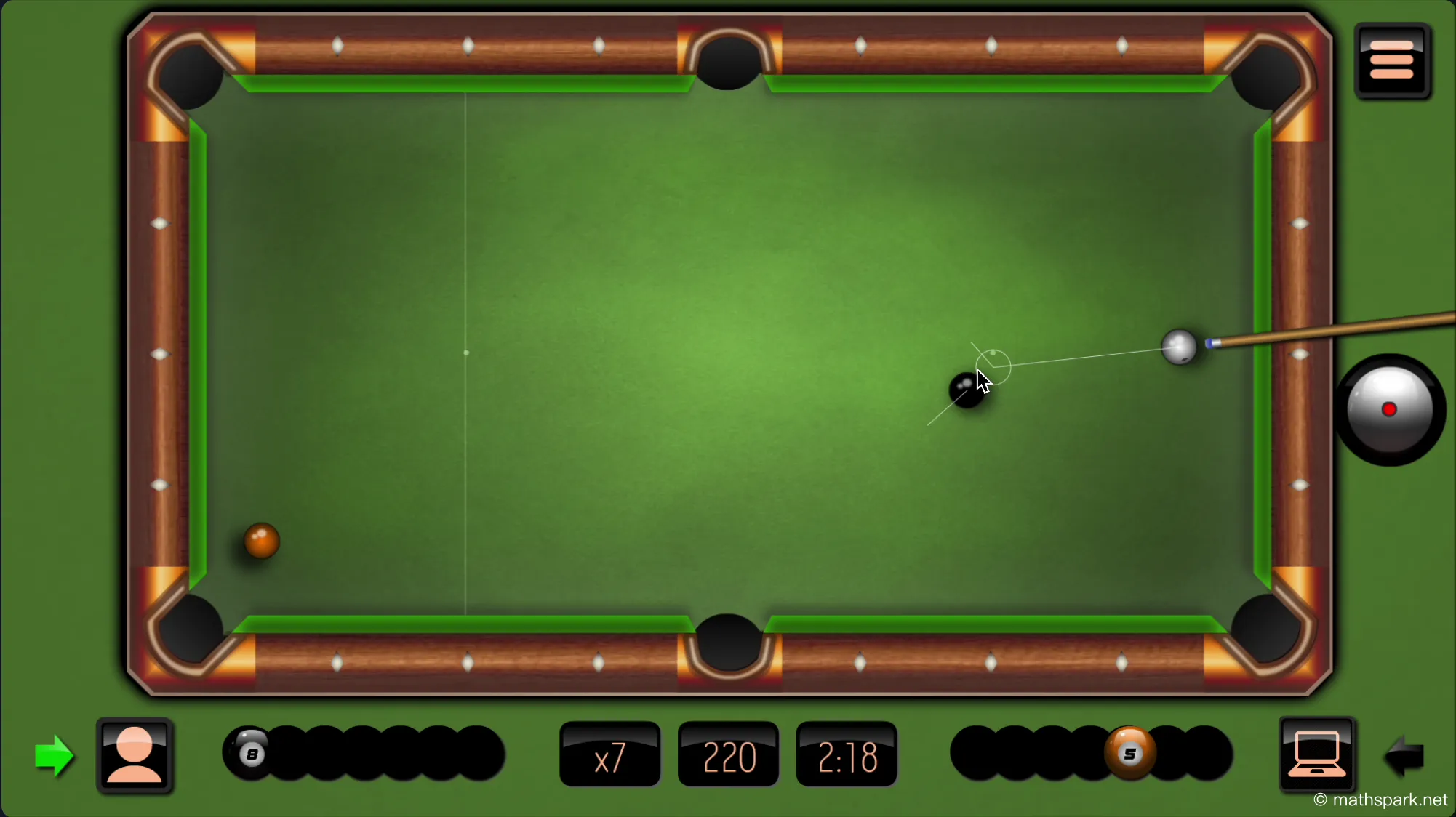 The satisfying final shot to sink the 8-ball and win the game.