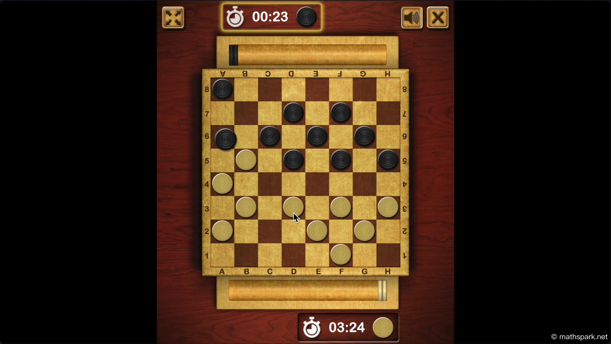 Animation showing a core gameplay move in Checkers: a white piece diagonally jumps over and captures a black piece.