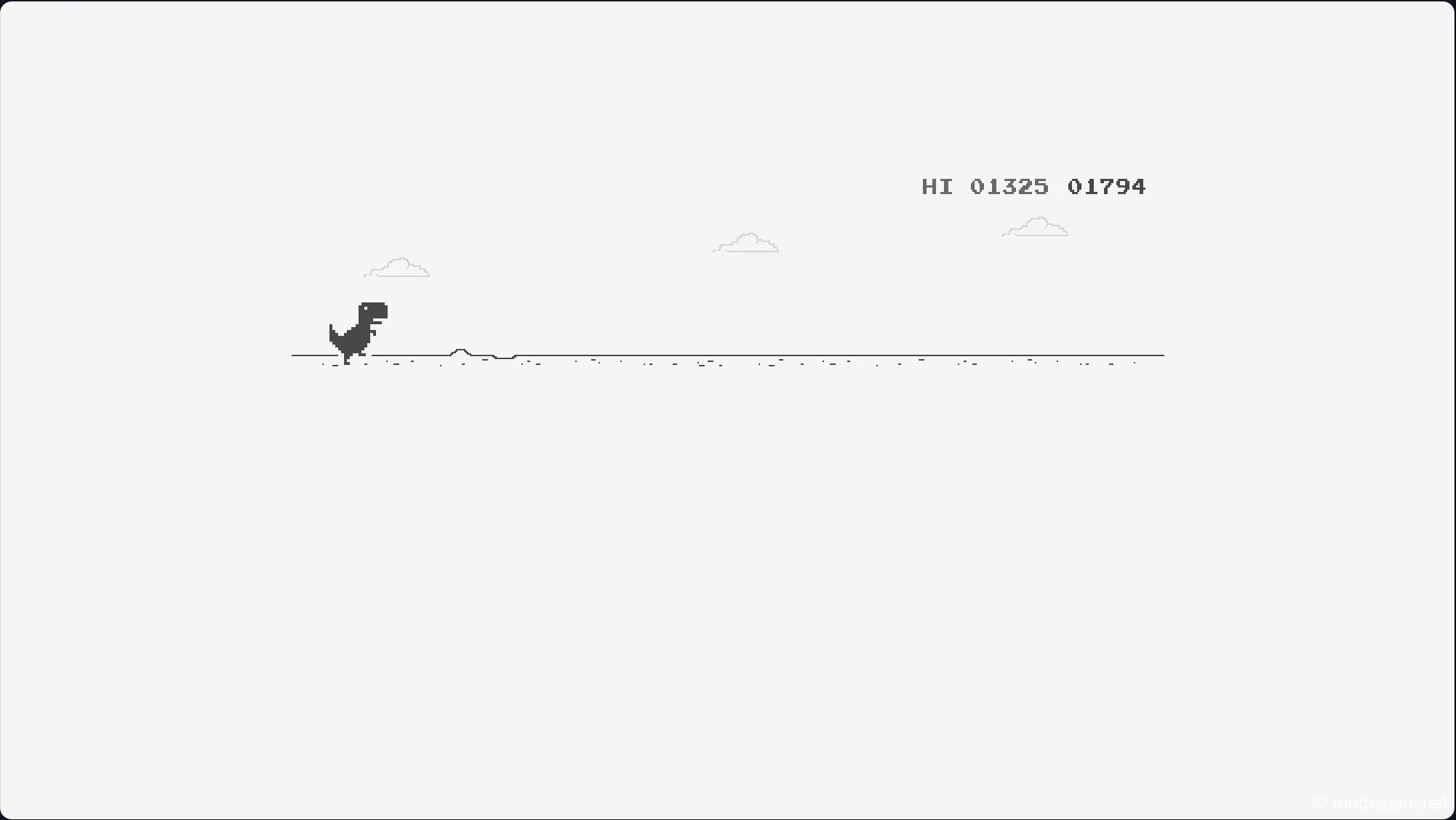 The Dinosaur Game at high speed, showing the T-Rex making quick, challenging jumps over multiple cacti, illustrating the game's progressive difficulty.