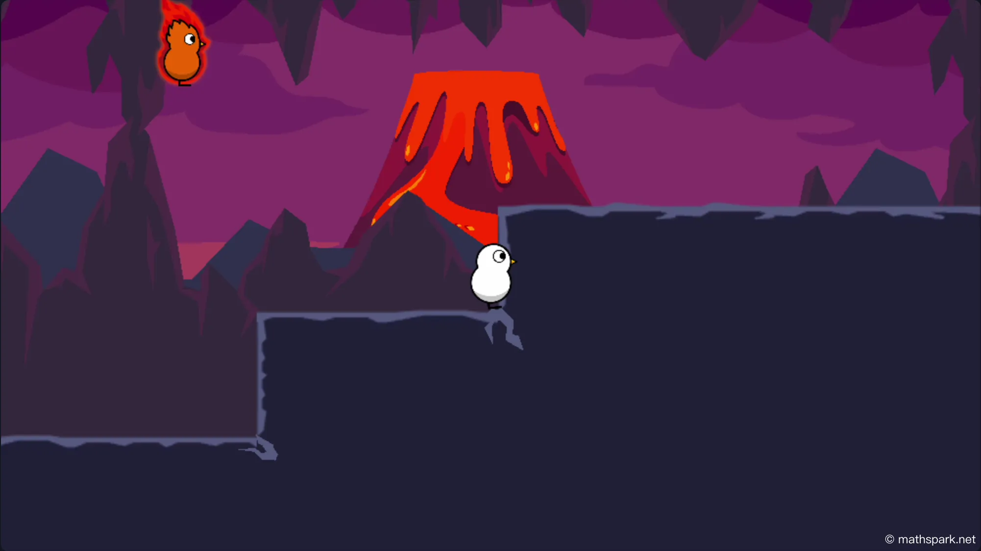 An intense animated race in Duck Life 4's volcano world, where a player's duck competes neck-and-neck with the fiery final opponent, Frank the Fire Duck, amidst a molten lava background.