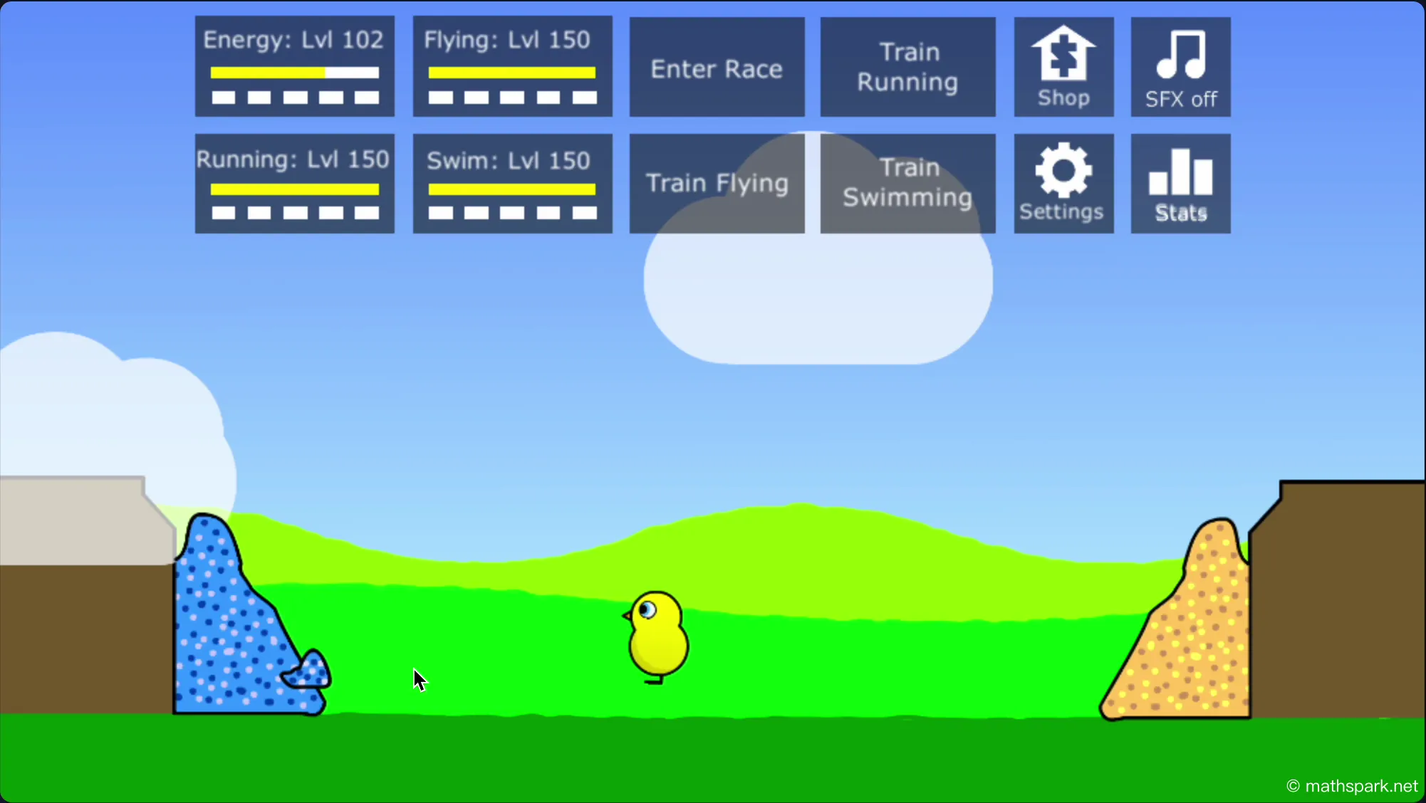An animation showing the player feeding their duck seeds to increase its energy level.