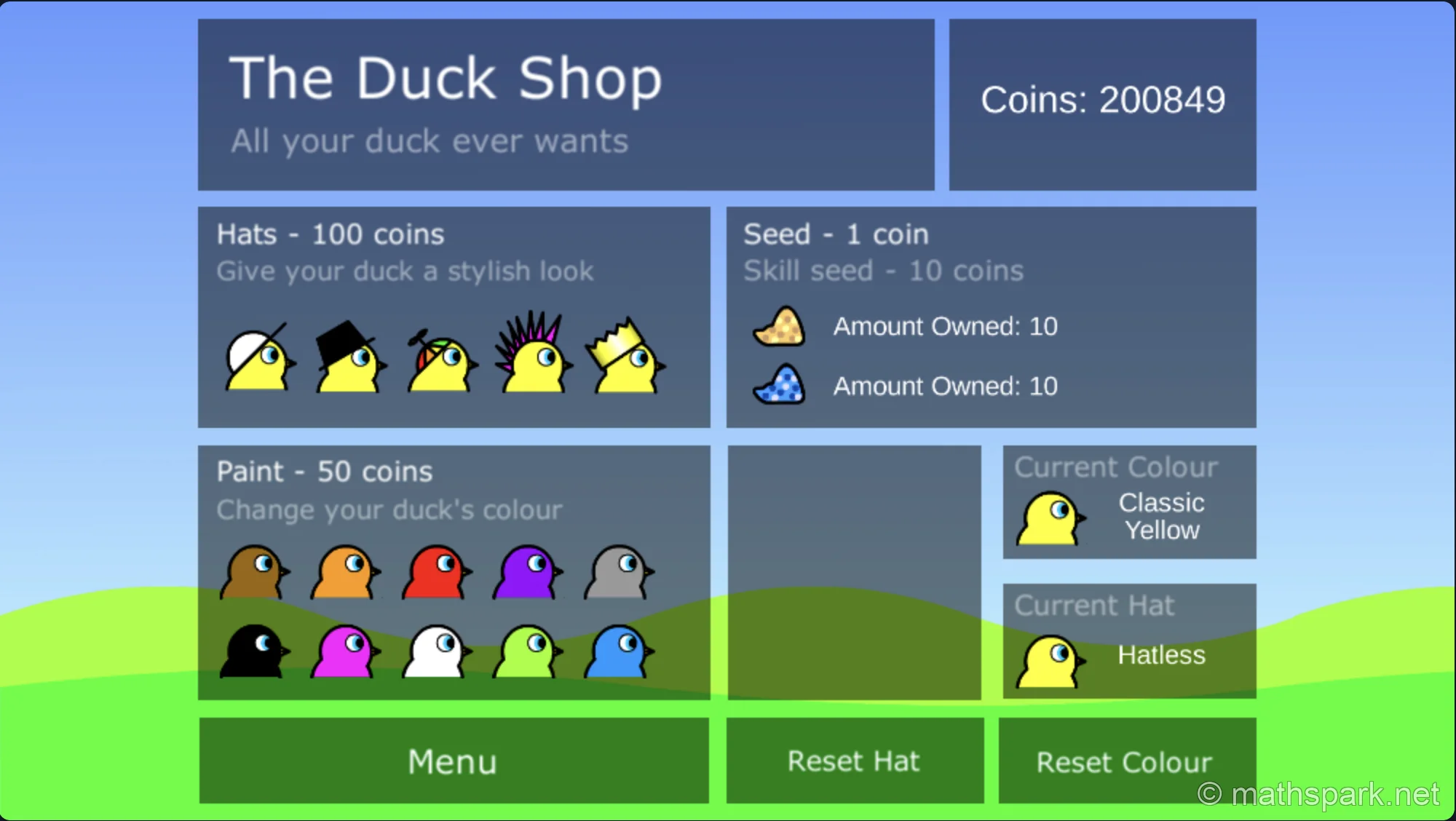 The in-game shop in Duck Life, showing options for hats and duck colors.