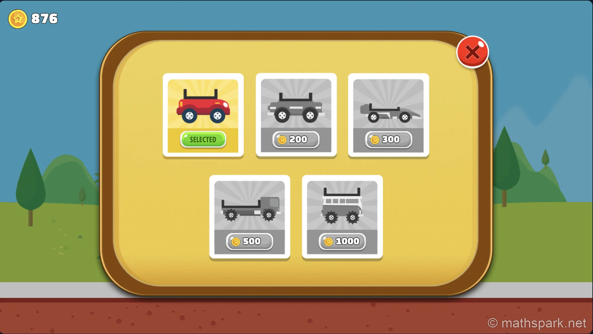 The vehicle selection screen in Eggy Car, showing four unlockable cars with different coin costs.