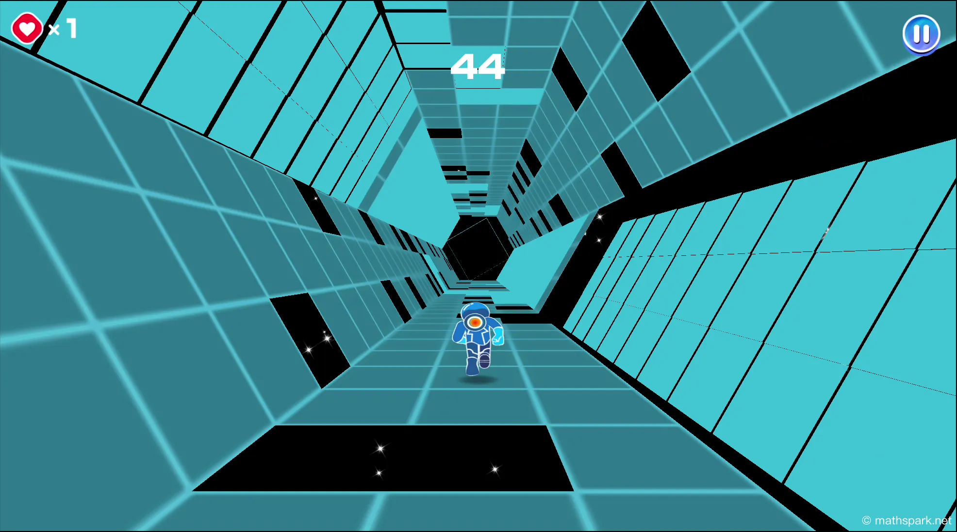 Core gameplay loop of Electron Dash, showing the player dodging an obstacle and jumping over a gap in a neon tunnel.