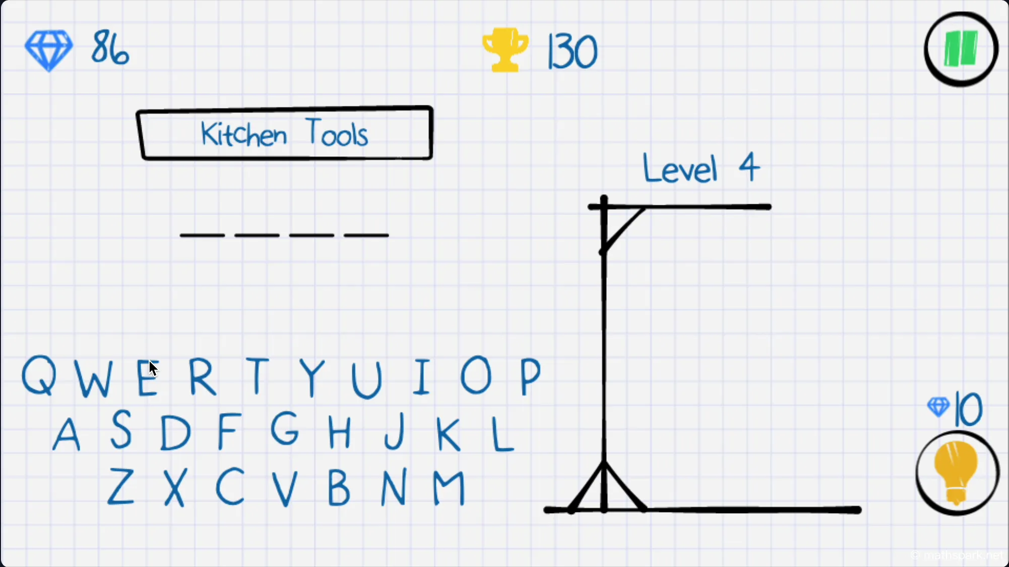 A player guessing letters in Hangman game to reveal a hidden word while the stick figure is drawn