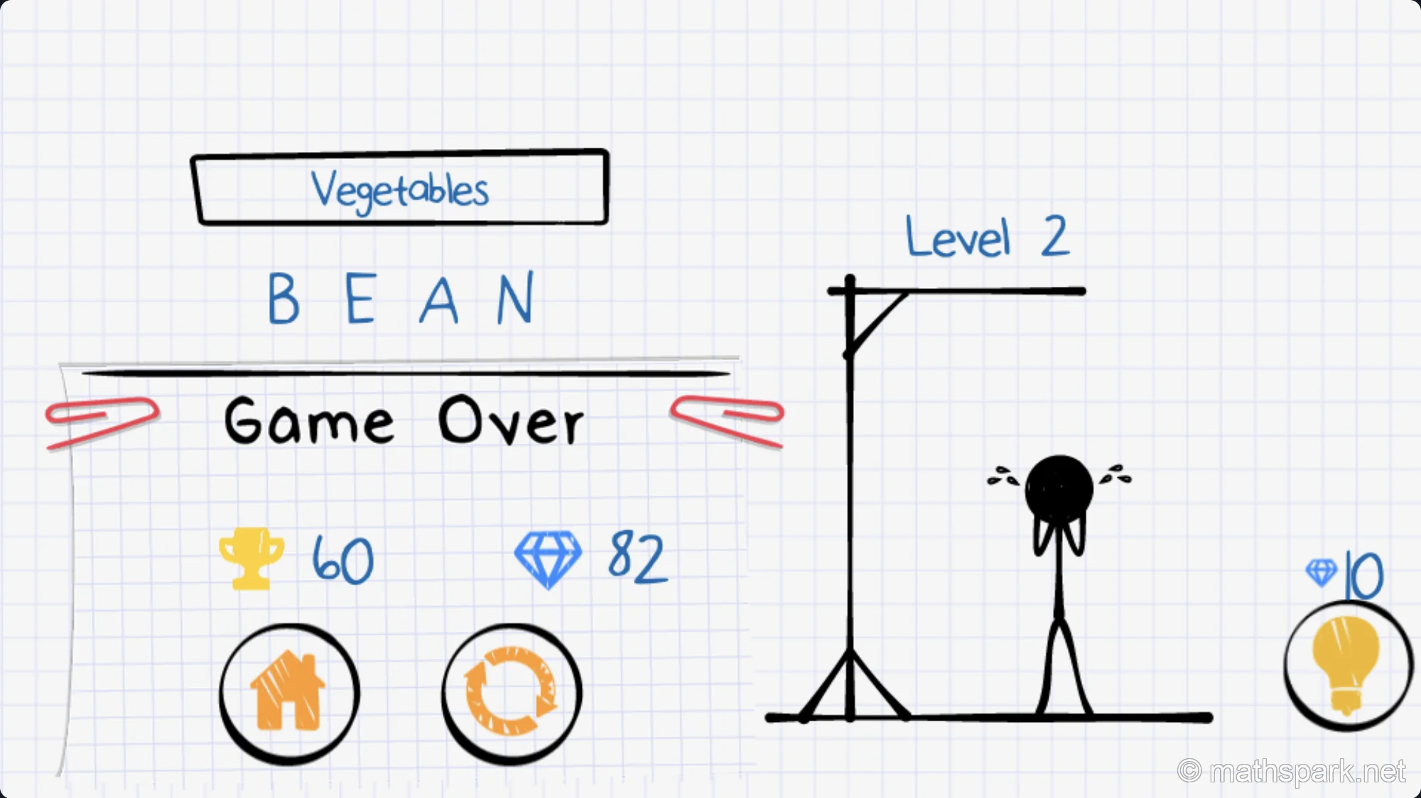 Hangman game over screen revealing the correct word definition for vocabulary learning
