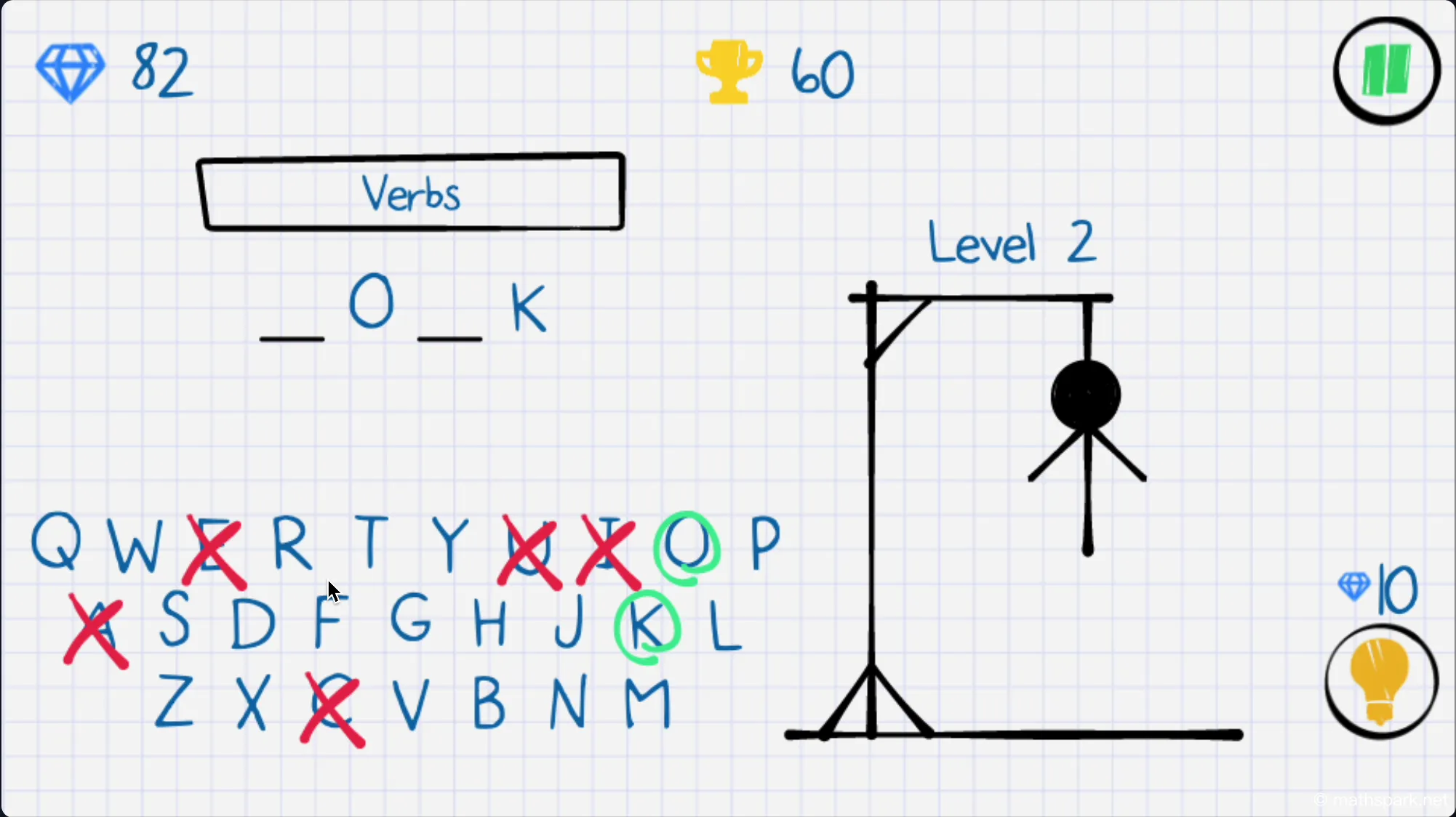 Hangman game victory screen showing score points and diamonds earned after guessing the word