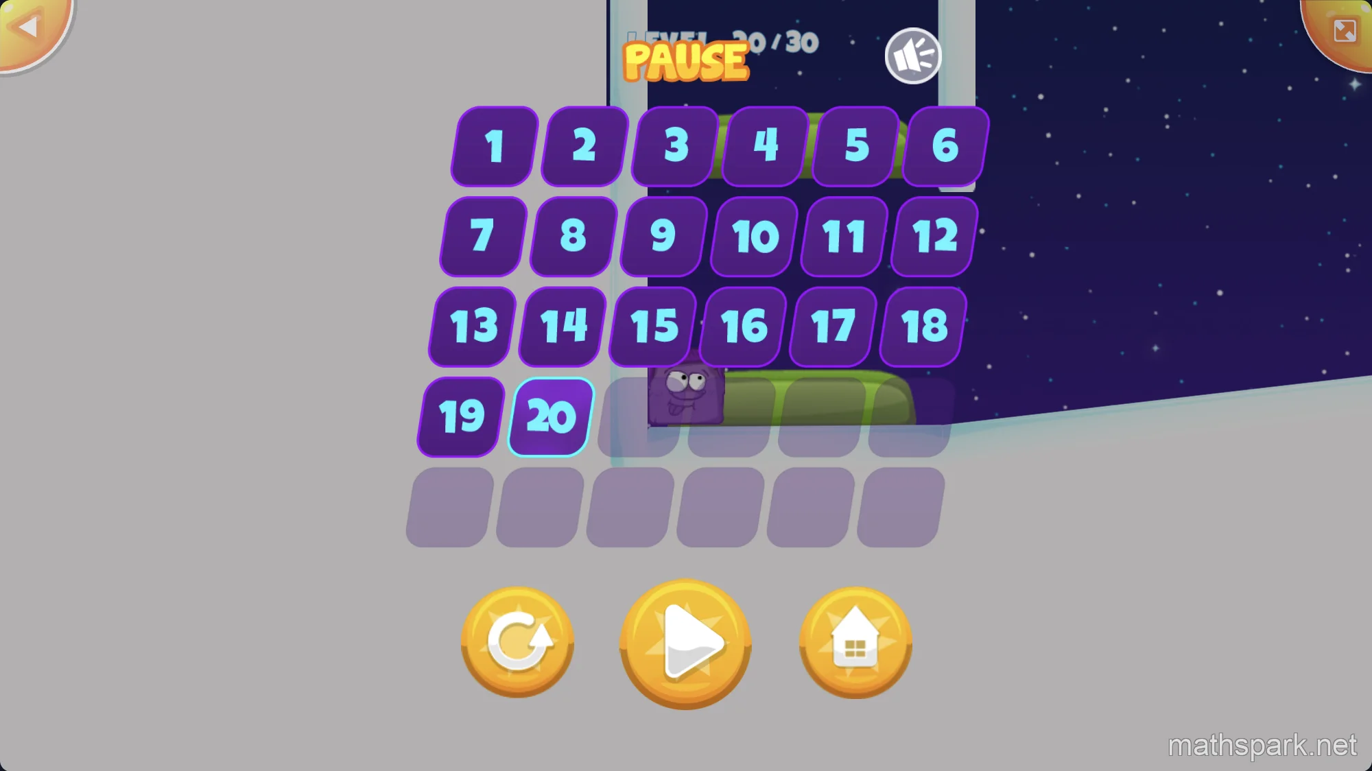 Level selection screen of Icy Purple Head showing 30+ unlocked challenging levels.