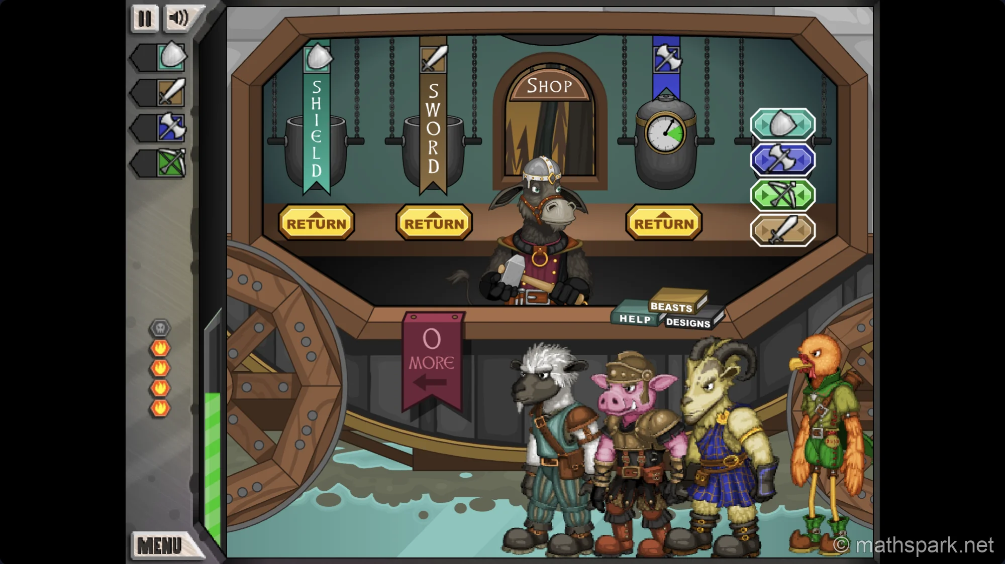 Animal warriors ordering different weapons in Jacksmith shop