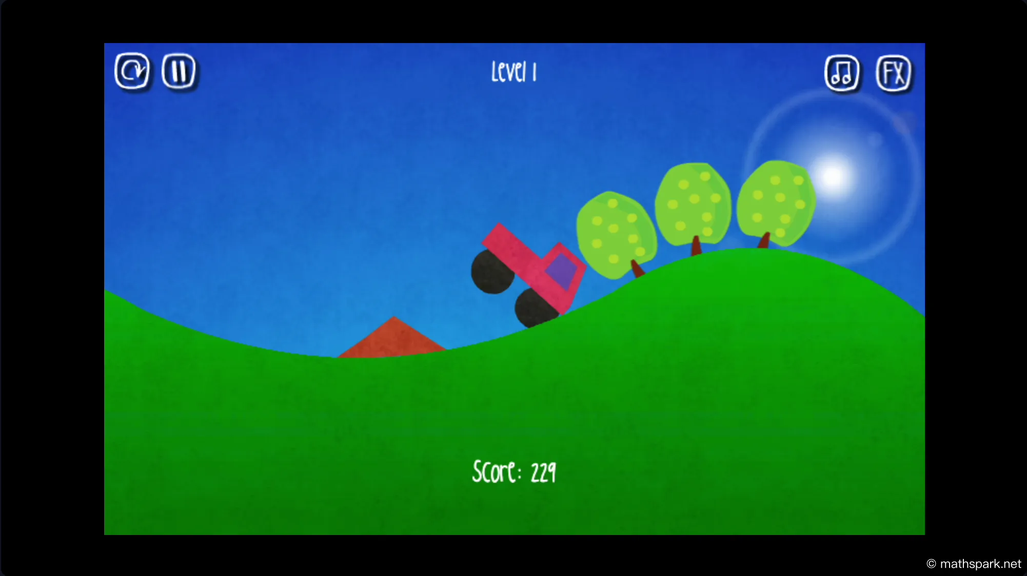 Jelly Truck gameplay showing the soft vehicle driving over bumpy terrain
