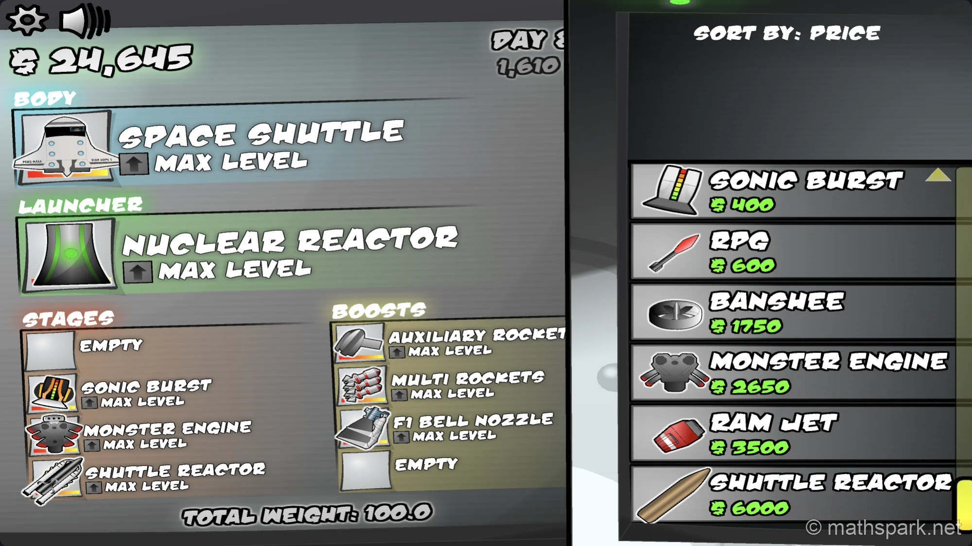 The spacecraft customization interface in Learn to Fly 3, showing various component tabs.