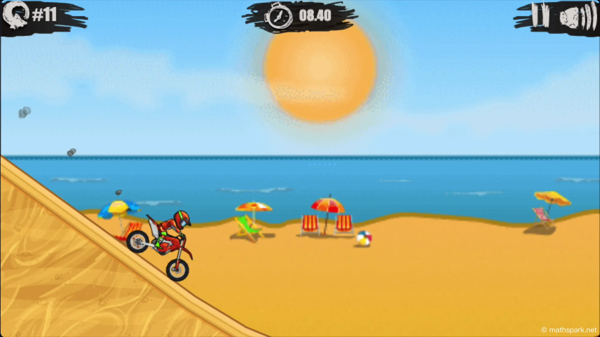 Animation of Moto X3M core gameplay, showing a rider accelerating, clearing an obstacle, and performing a backflip.
