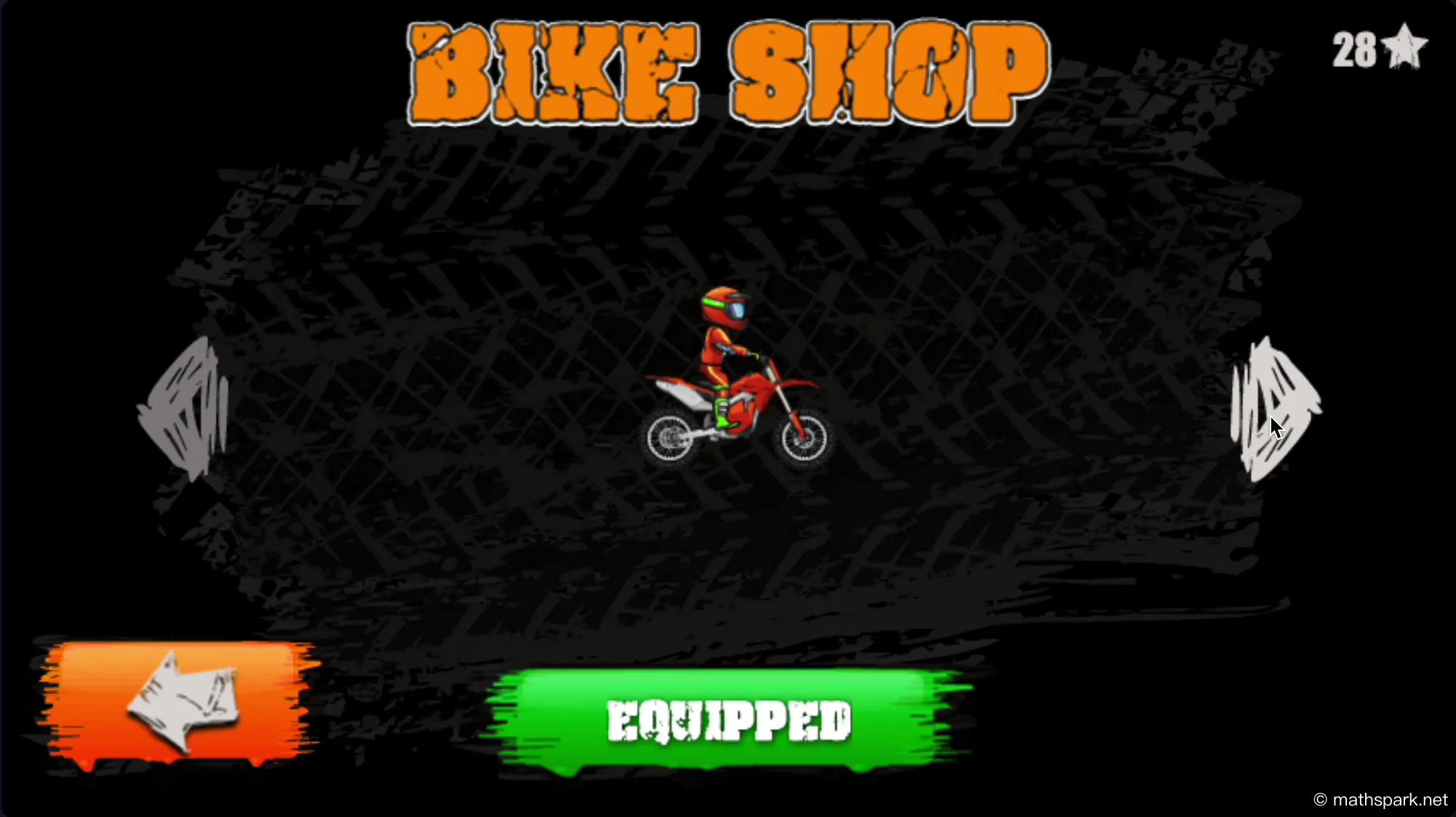 Animated showcase of the unlockable vehicles in Moto X3M, cycling through different motorcycles, a BMX, and an ATV in the selection garage.