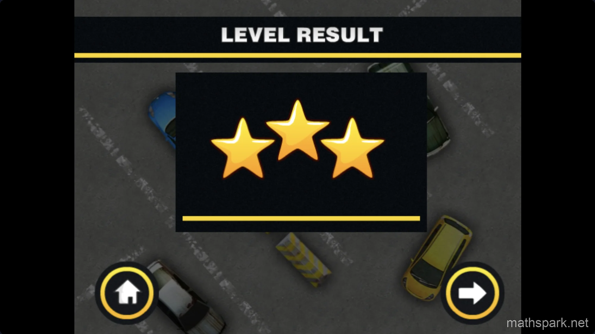 Parking Fury level completion screen showing a 3-star rating