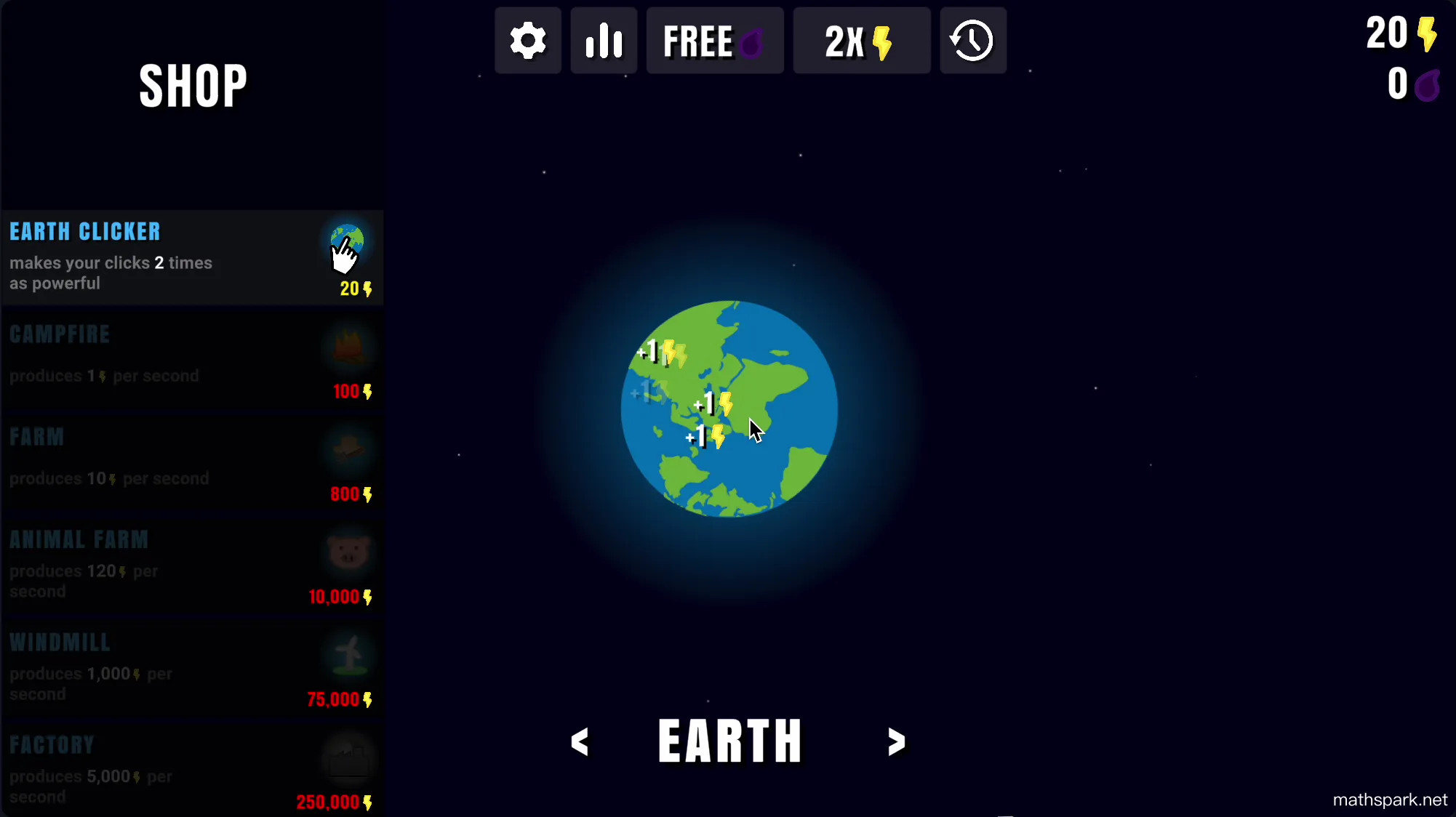 Planet Clicker 2 core gameplay loop: clicking Earth for energy, buying upgrades, and unlocking new planets.
