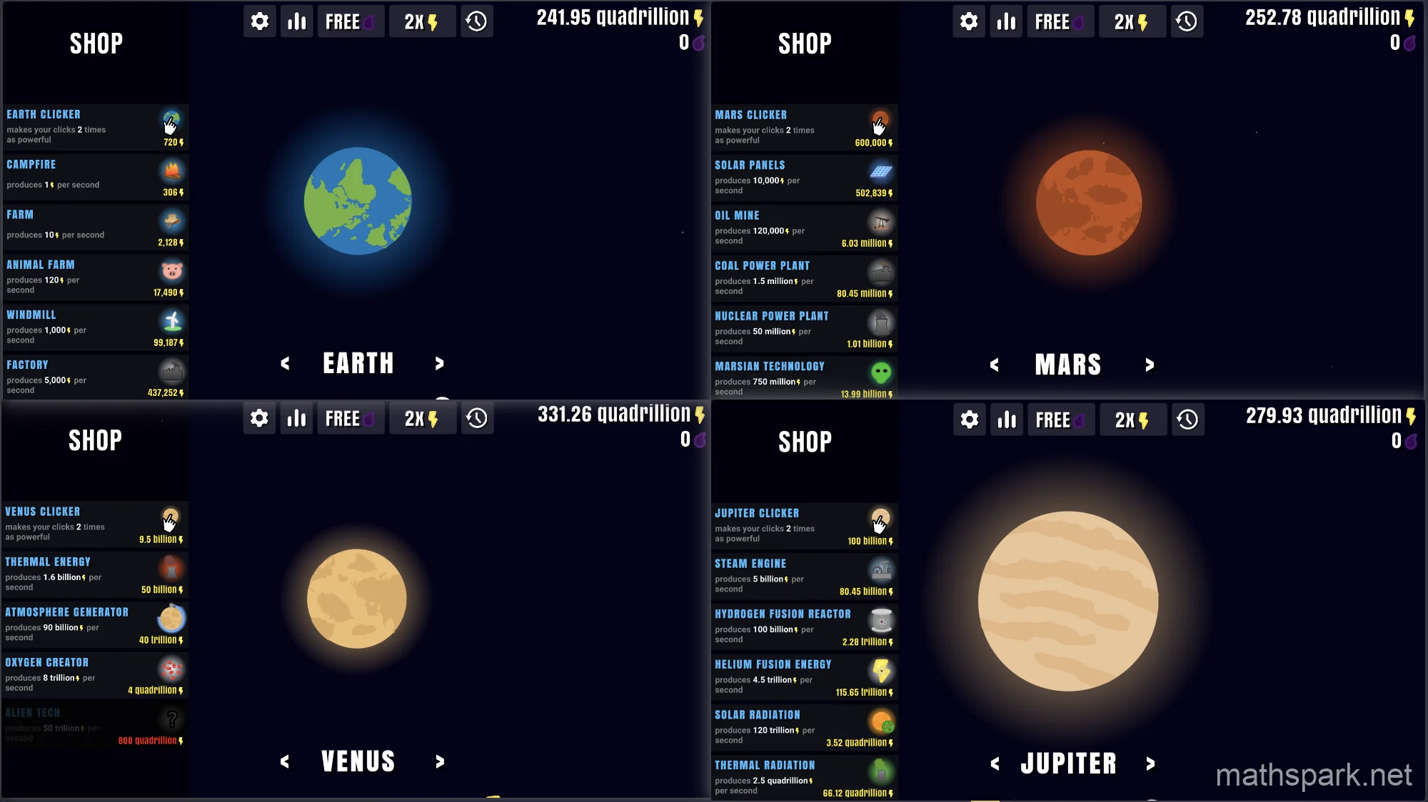 Collage of solar system planets in Planet Clicker 2, featuring Earth, Mars, Venus, and Jupiter with unique technology trees.