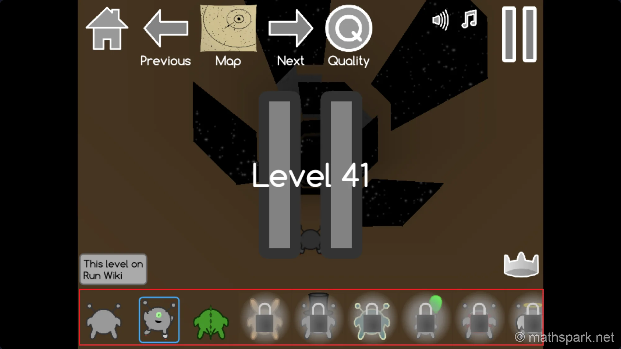 Screenshot of the character selection screen in Run 3, displaying a variety of unlockable alien characters like the Runner, Skater, and Bunny.