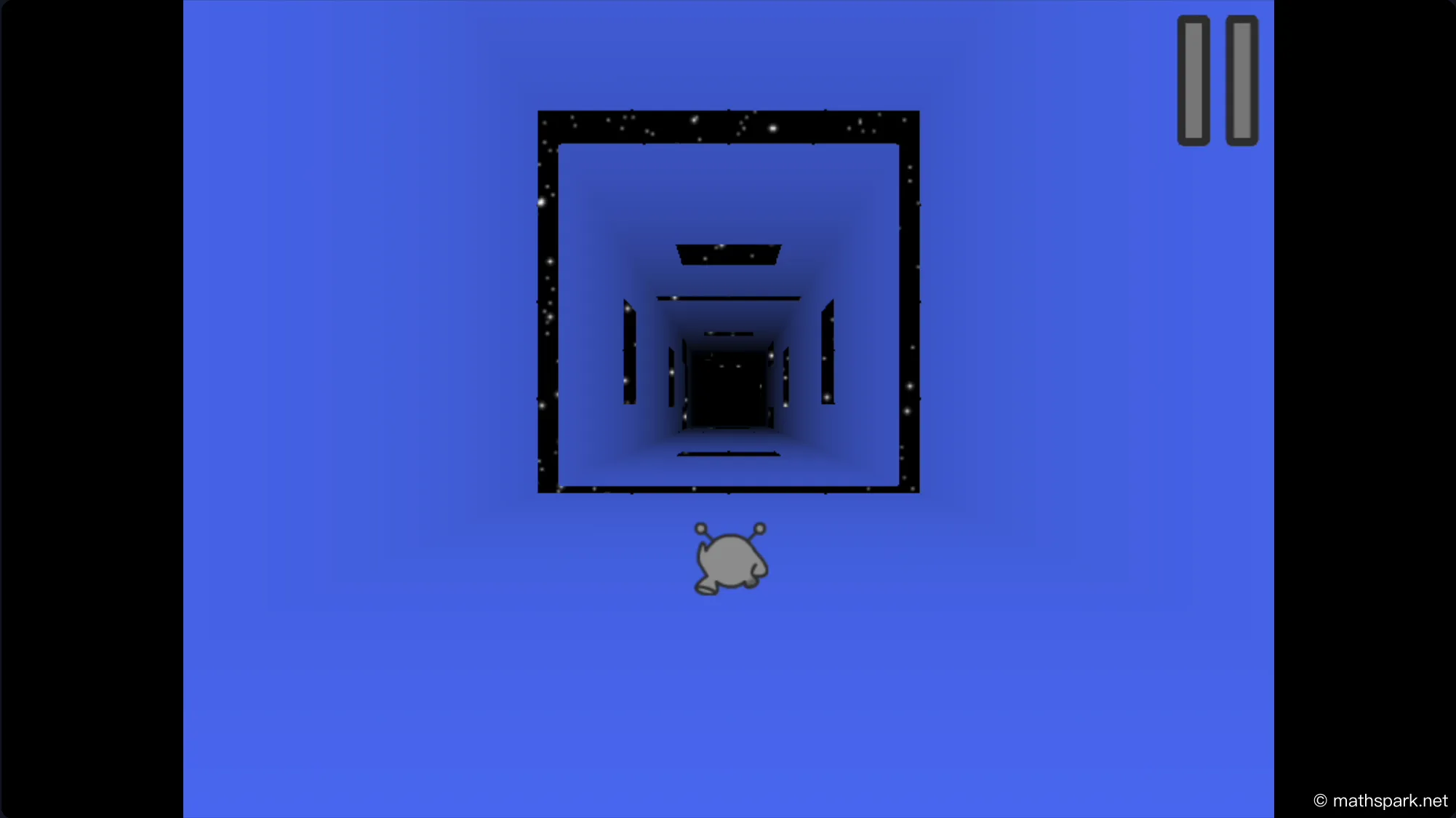 Animation of the core gameplay in Run 3, showing a gray alien character running and jumping across a gap inside a 3D space tunnel.