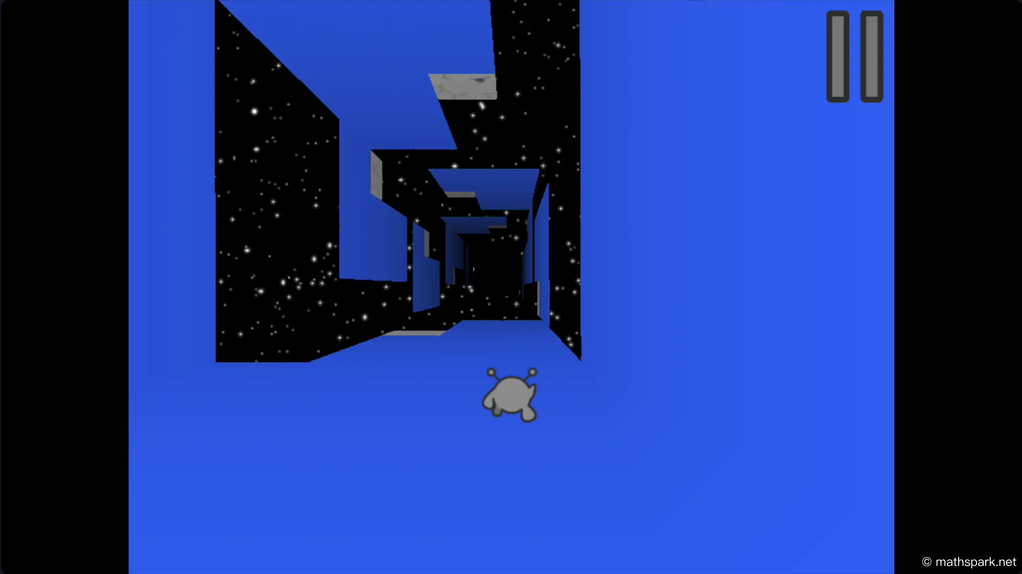 Animation demonstrating Run 3's gravity-defying feature, where the character jumps onto a side wall and the entire tunnel rotates, making the wall the new floor.