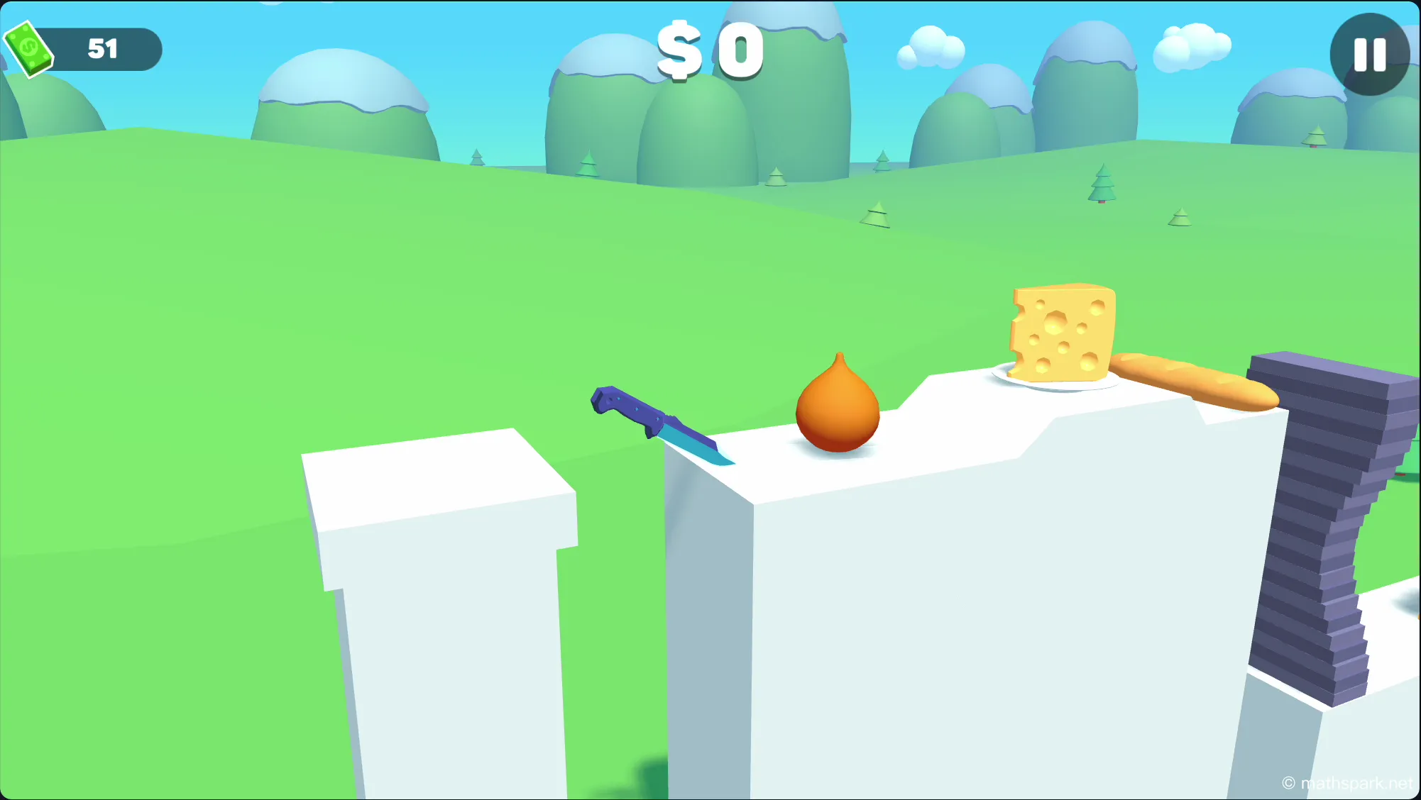 An animation of the core gameplay in Slice Master, where a knife flips through the air to slice a stack of objects.