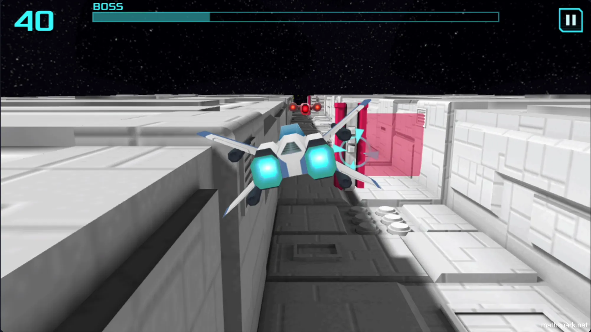 Boss battle scene in X Trench Run where the player dodges fireballs and attacks a large enemy ship.